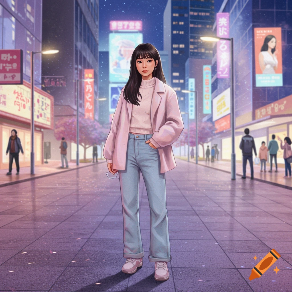 A stylish young Asian woman in a pink jacket and jeans stands on a city street at night in a semi-realistic digital illustration.
