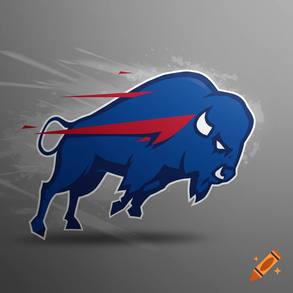 Stylized blue buffalo logo with red lightning streak, charging on a grey background.