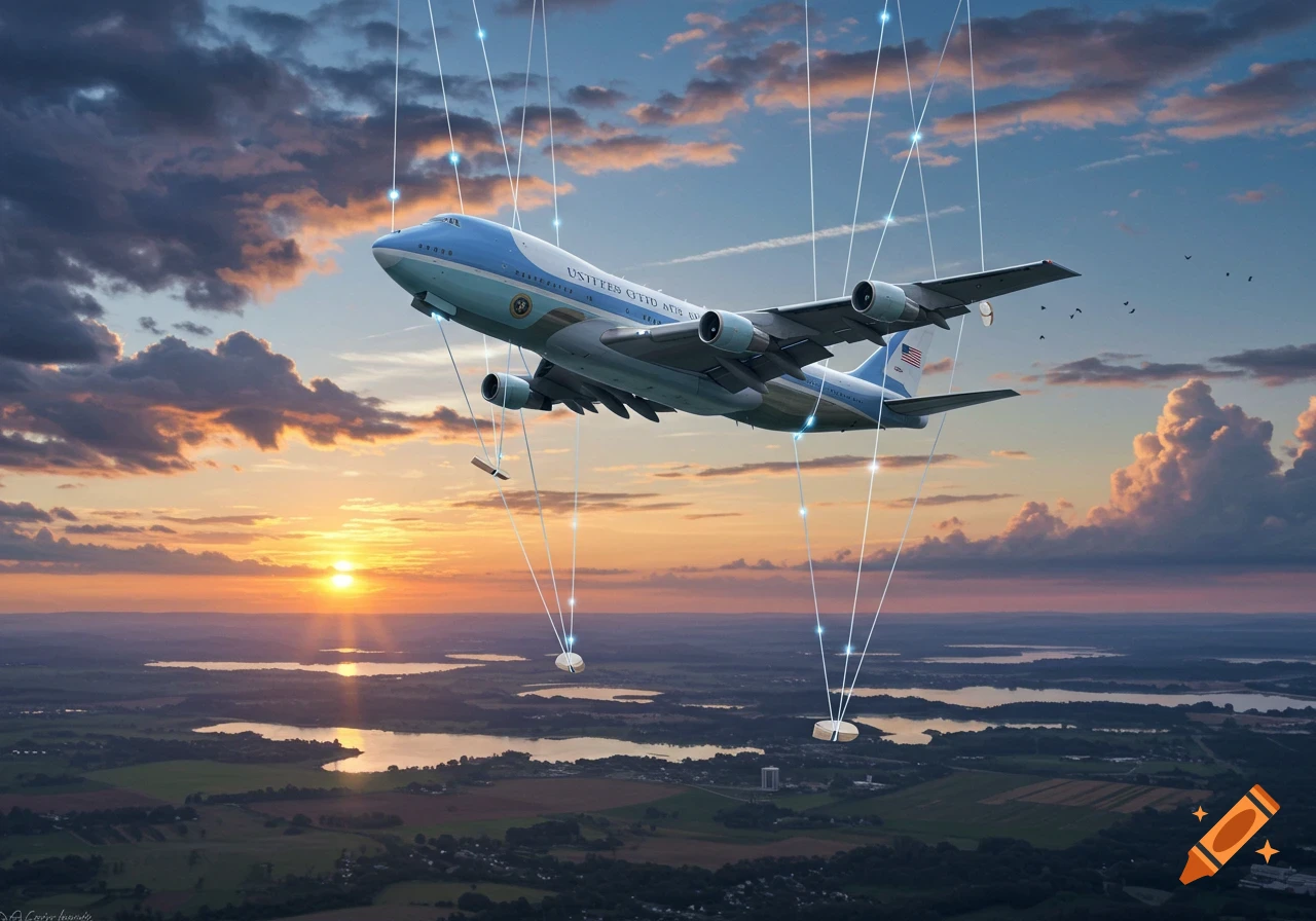 Photorealistic image of Air Force One flying over a landscape at sunset, controlled like a marionette by glowing lines from above.