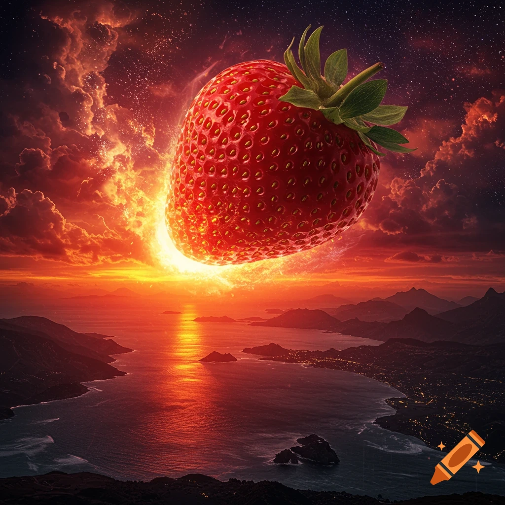 A colossal, glowing strawberry descends from a fiery red sky above a mountainous coast at sunset.