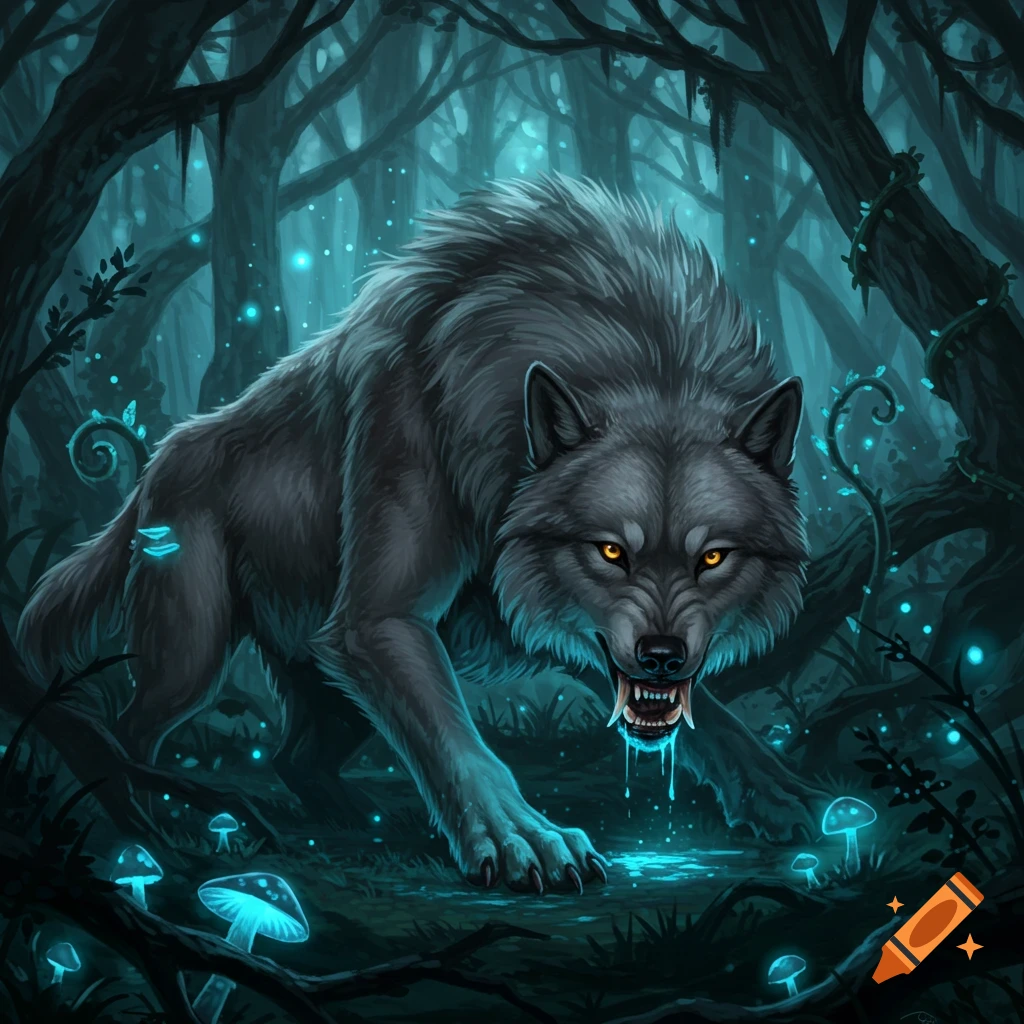 A snarling dire wolf with glowing eyes and blue liquid dripping from its fangs in a dark, glowing fantasy forest.