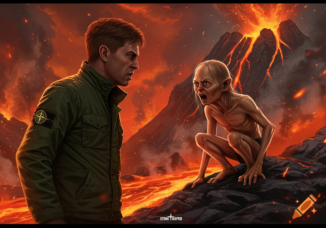A man in a green jacket and Gollum angrily face each other in a fiery, volcanic landscape with lava.