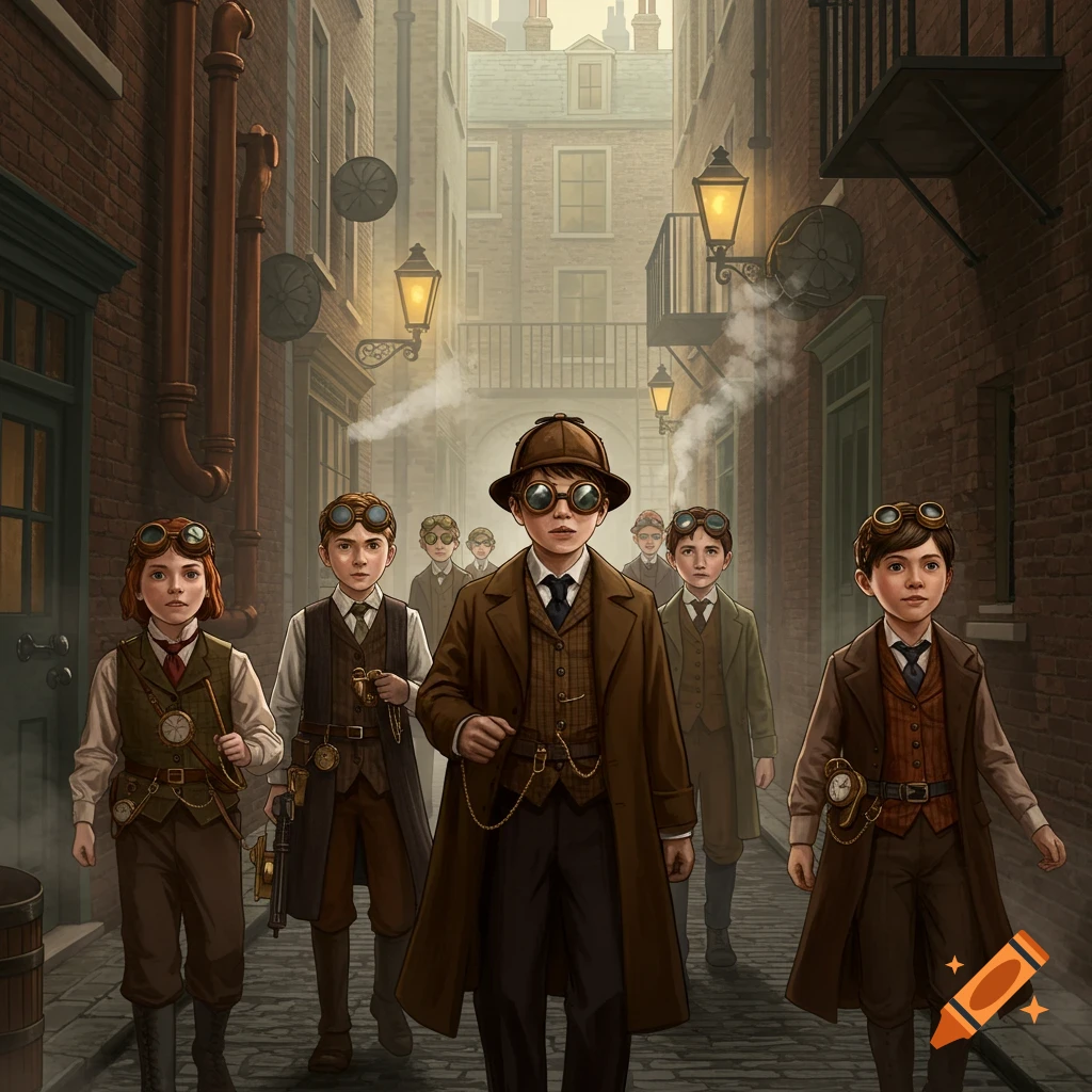 A group of young children dressed in steampunk attire with goggles and trench coats walking down a narrow brick alleyway with gas lamps and steam.