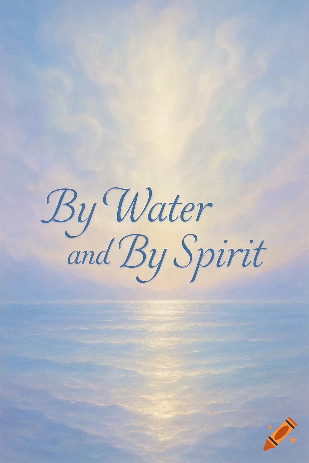 A soft painting of a light blue and yellow sky over a body of water, with the words "By Water and By Spirit" in blue script.