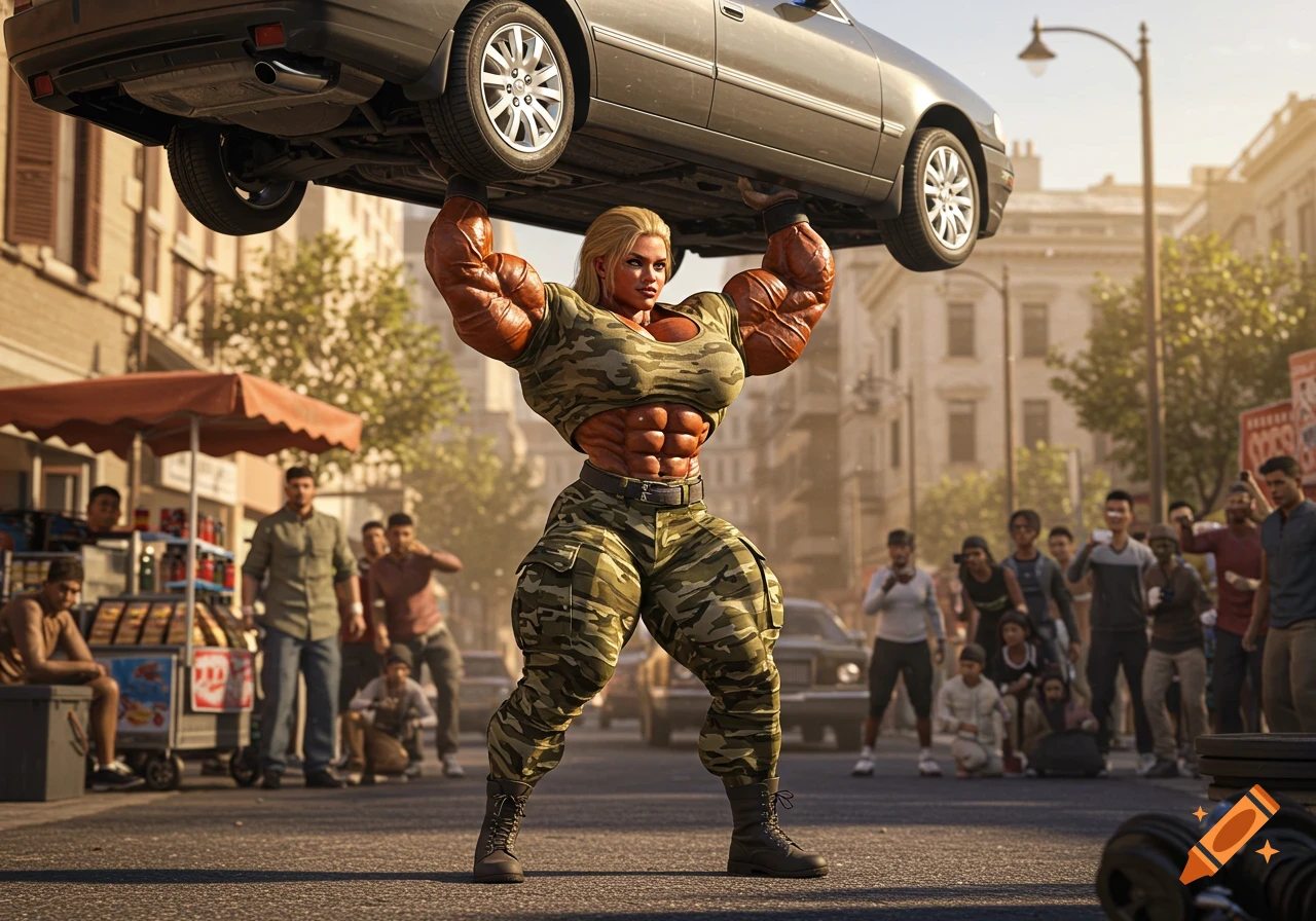 A blonde, heavily muscled female bodybuilder in a camouflage uniform lifts a car overhead with one arm in the middle of a city street, as onlookers watch.