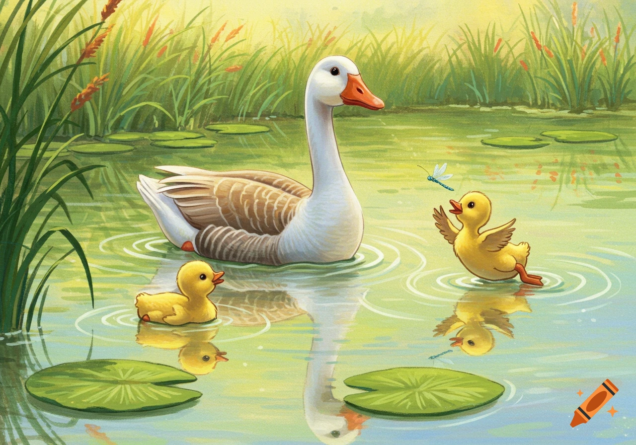 A mother goose and two goslings swim in a serene lake with lily pads. One gosling flaps its wings at a dragonfly.