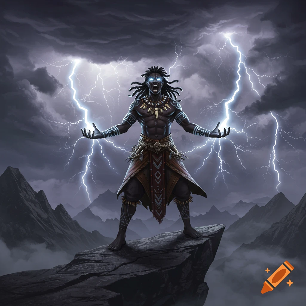 A powerful tribal mage with dreadlocks and glowing blue eyes stands on a mountain peak, conjuring lightning from a stormy sky.