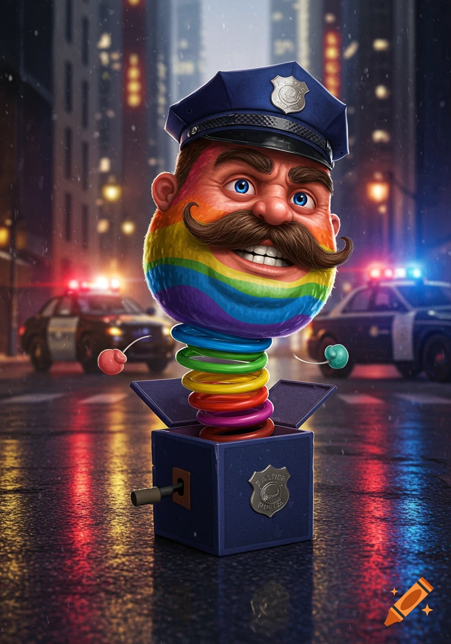 A whimsical, detailed illustration of a rainbow jack-in-the-box in a police hat on a wet city street with cop cars.