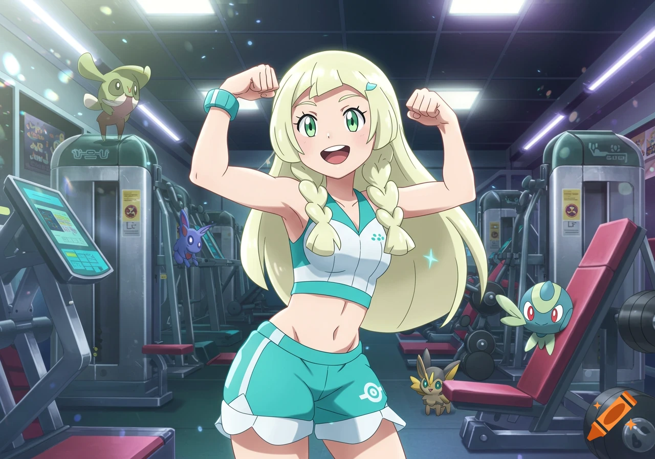 The Pokémon character Lillie flexing her biceps in a gym, surrounded by various Pokémon in an anime style.