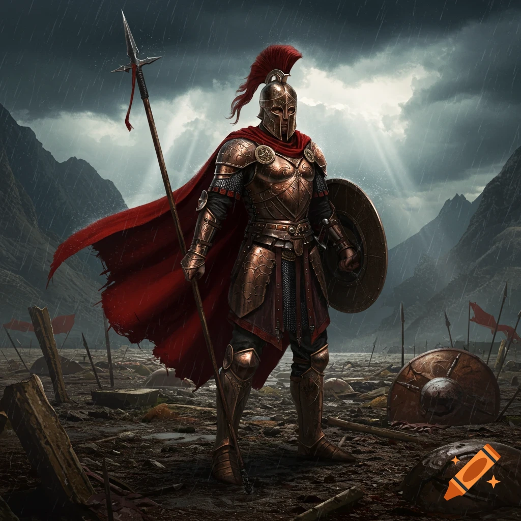 An armored ancient warrior stands in a rainy, muddy battlefield aftermath, holding a spear and shield, with mountains in the background.