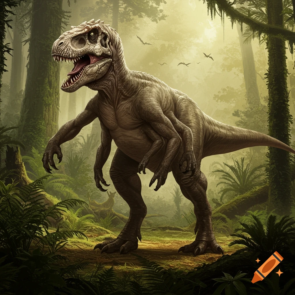 A six-limbed T-rex with a short skull and four arms stands in a dense, misty jungle with tall trees and ferns.