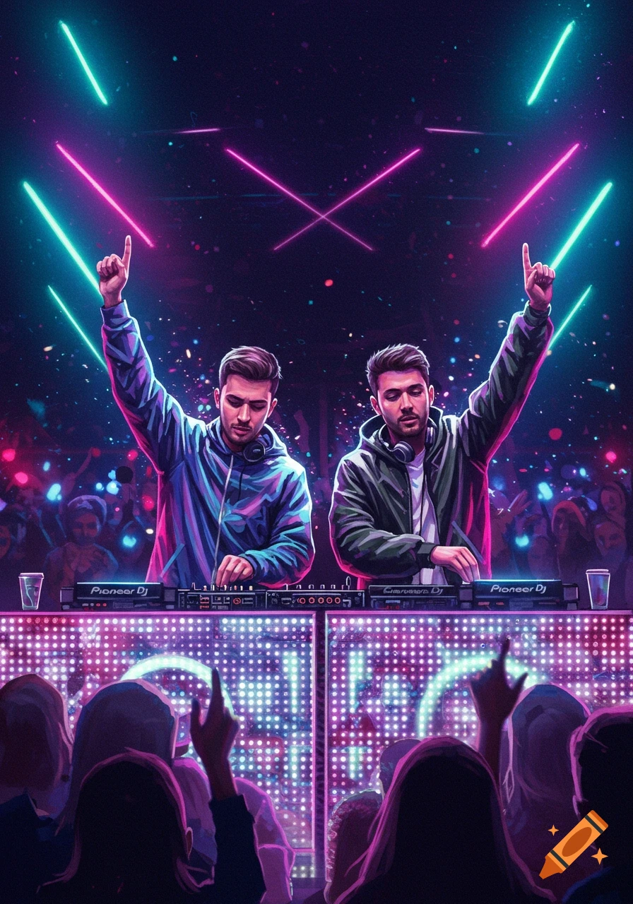 Two male DJs perform at a vibrant, neon-lit concert with a crowd in front of them.