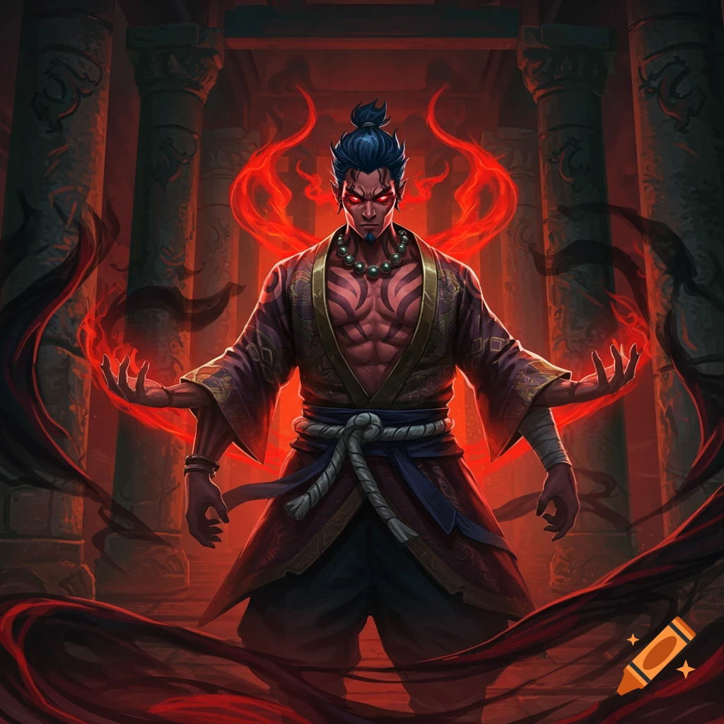 A menacing, muscular man with red eyes and tattoos stands in a dark temple, surrounded by swirling red and black energy.