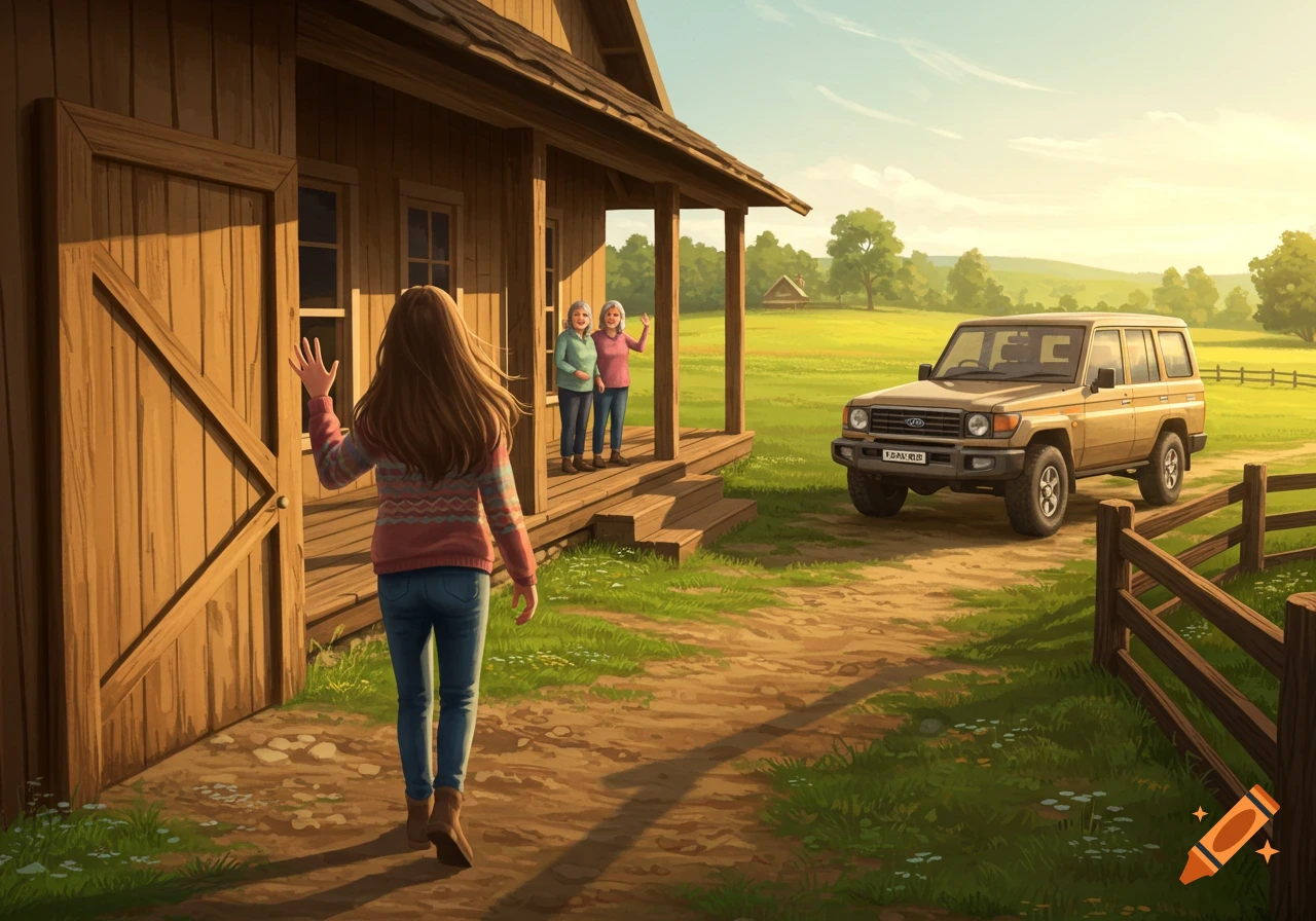 An illustration of a teenage girl waving at two women on a farmhouse porch, with a brown Land Cruiser outside.