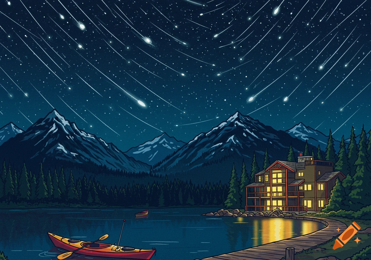 Cartoon illustration of a night sky filled with shooting stars over mountains, a lake with a kayak, and a lighted cabin.