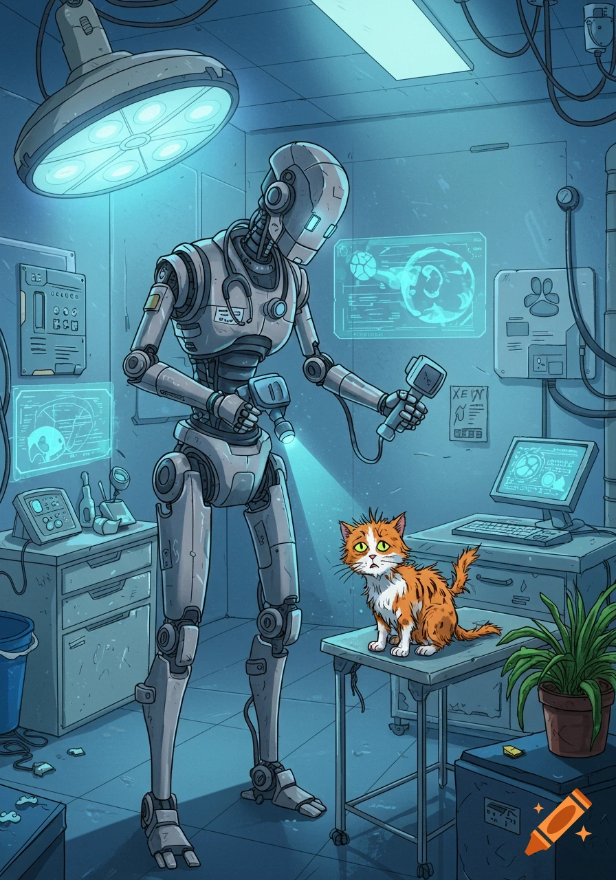 A grey robot veterinarian examines a scruffy orange and white cat on a table in a futuristic, blue-lit clinic.