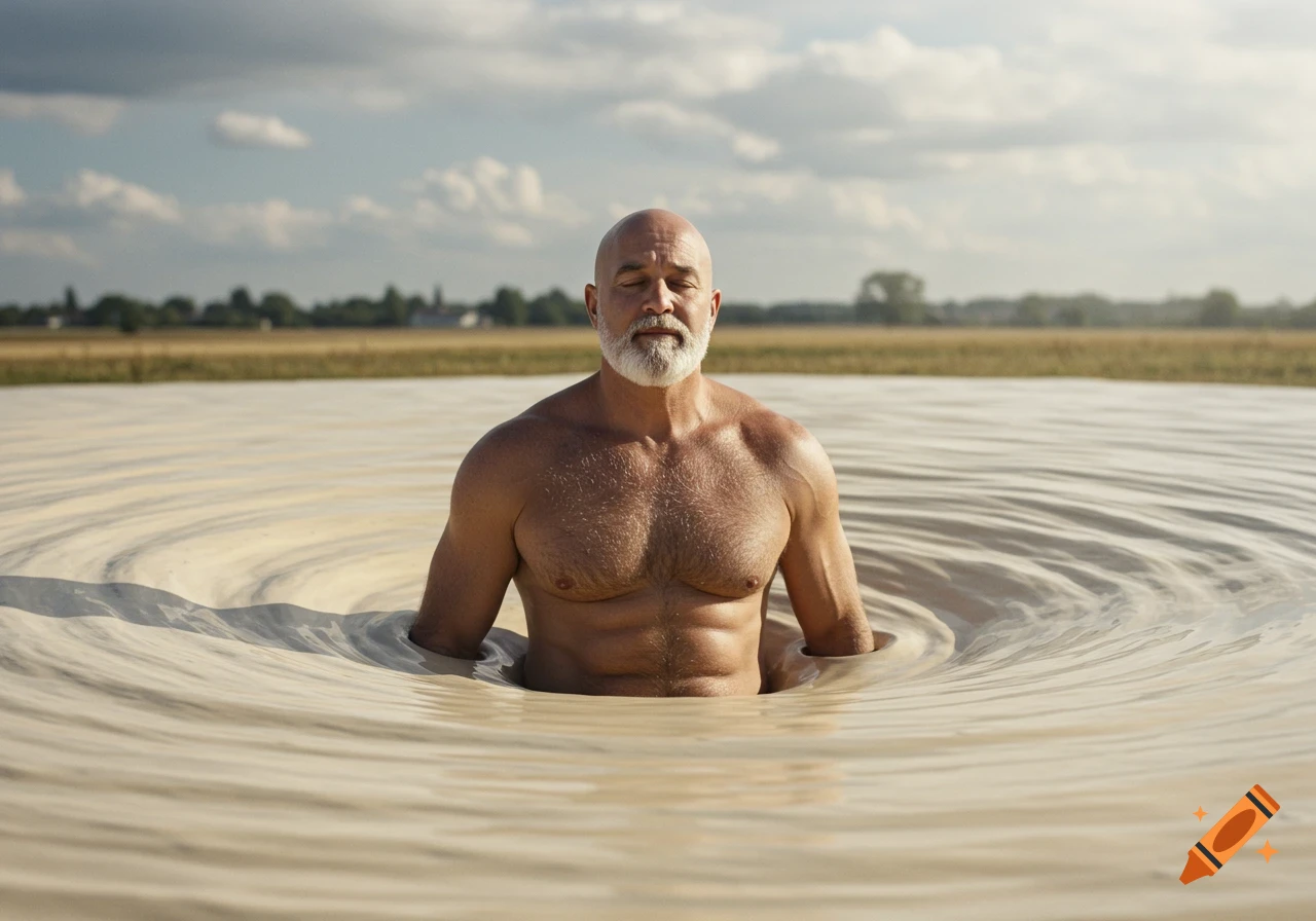 A balding, bearded, shirtless muscular man is submerged up to his chest in a swirling, dough-like pit in an outdoor field.