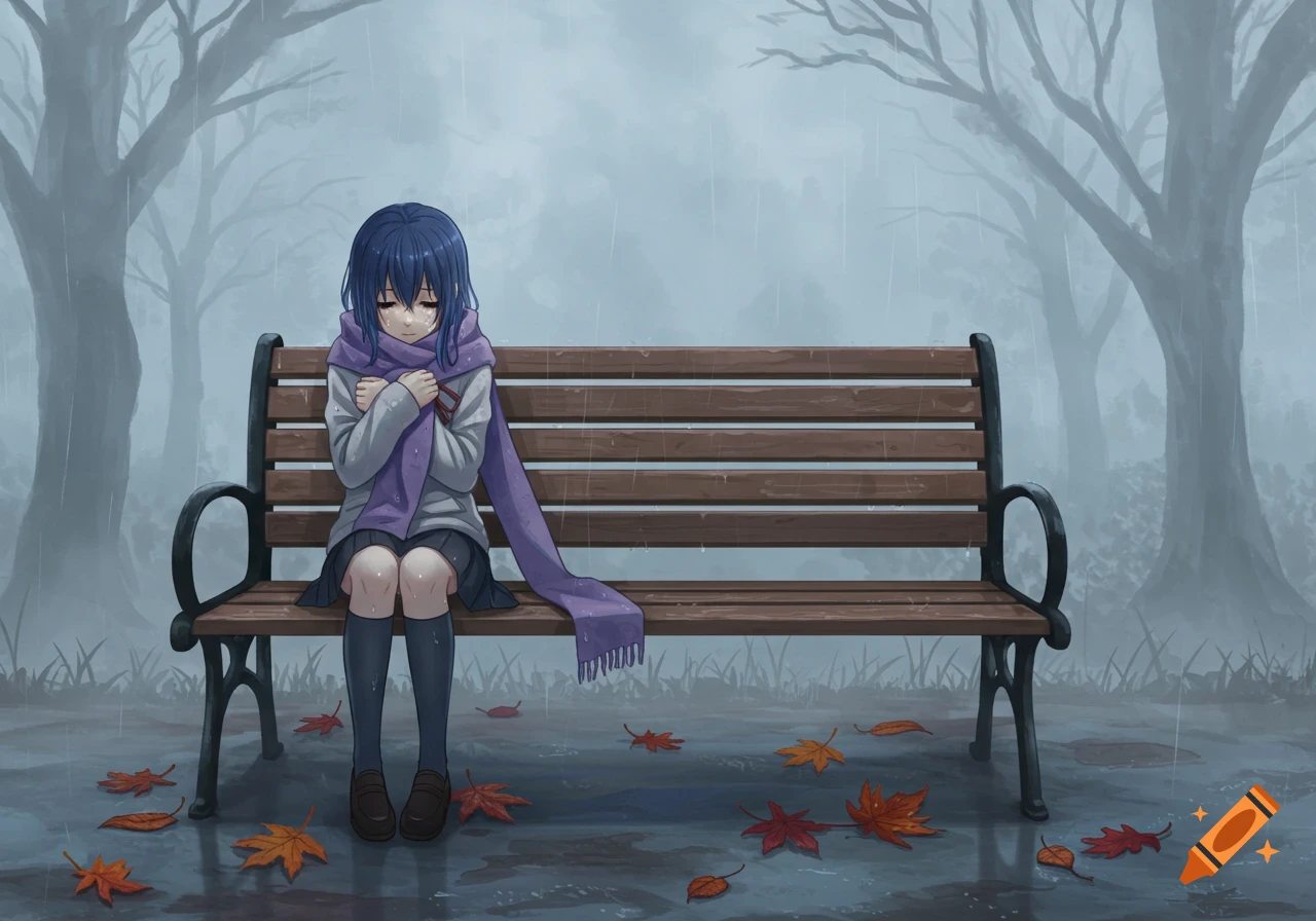 Depressed anime girl sitting alone on a park bench in the rain, hugging herself, with fallen autumn leaves on the wet ground.