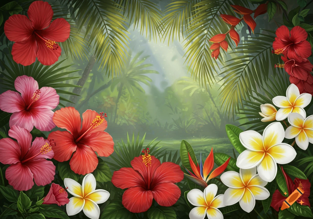 Vibrant illustration of red, pink, and white tropical hibiscus and plumeria flowers with green palm fronds framing a lush jungle background.