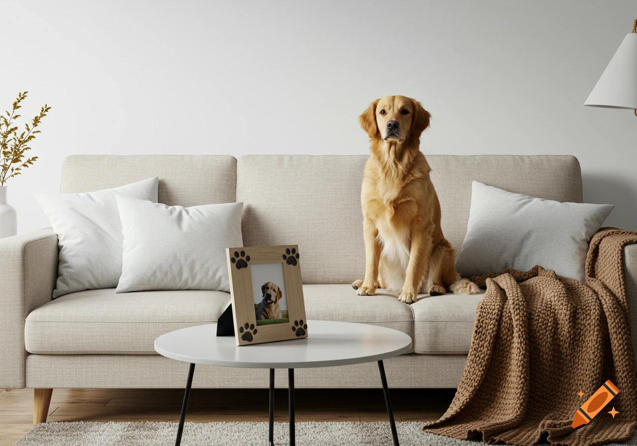 A golden retriever sits on a beige sofa next to a white coffee table with a paw print photo frame. Photorealistic.