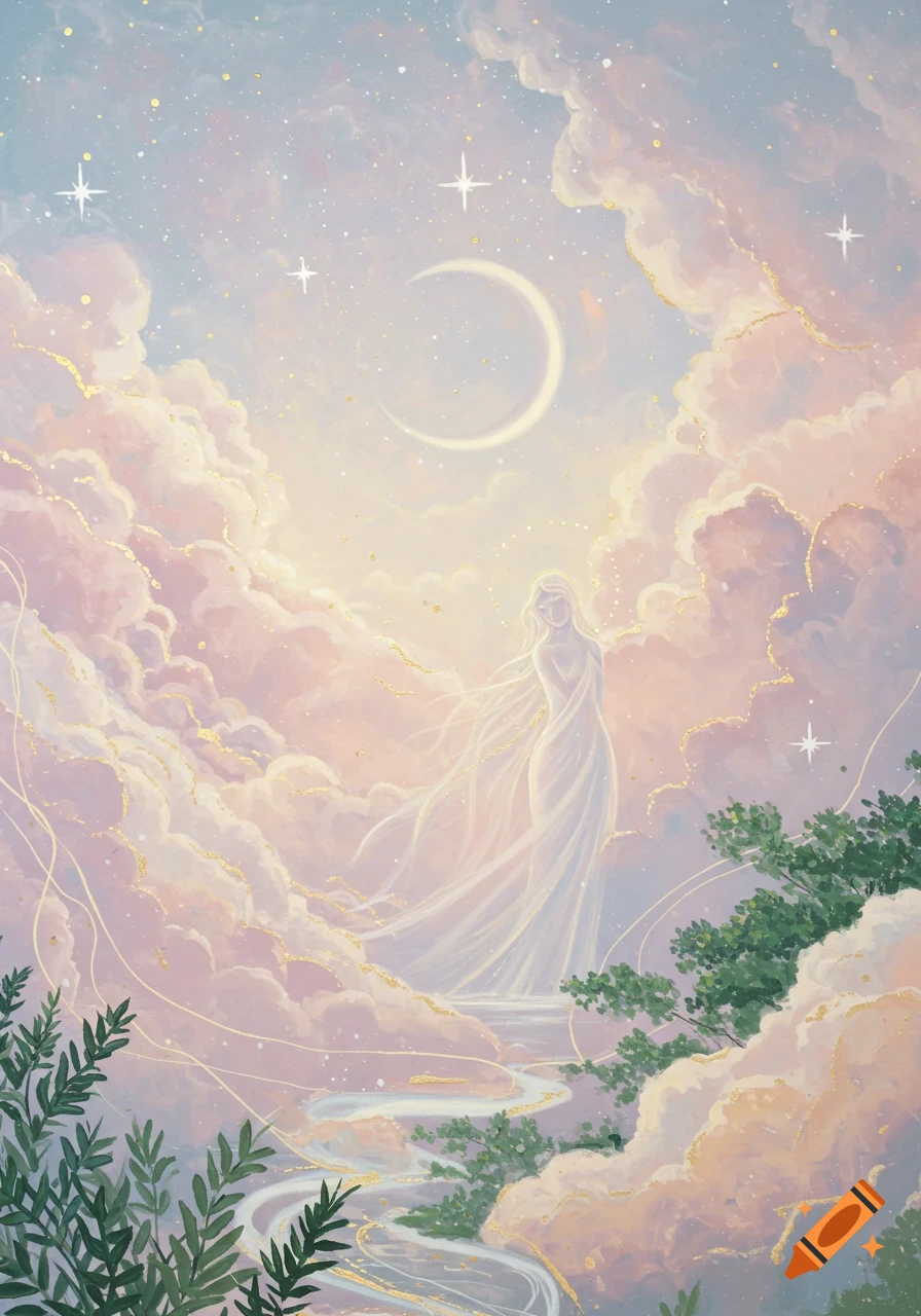 An ethereal woman stands in a dreamlike sky with pastel clouds, stars, a crescent moon, golden accents, and green foliage.