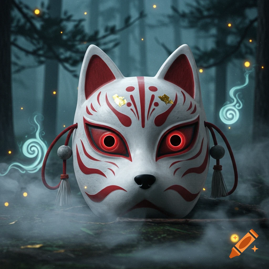 A white and red Kitsune mask with glowing red eyes sits in a dark, misty forest with ethereal wisps.