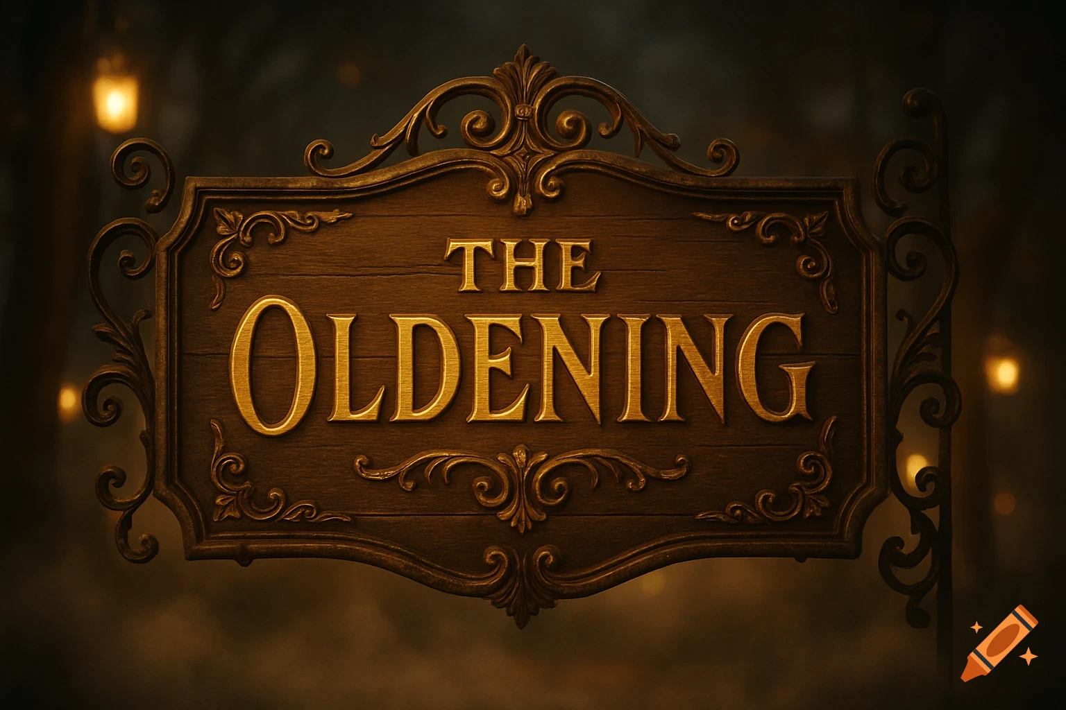A decorative wooden sign with ornate carvings displays the golden text "THE OLDENING" against a dark, blurry background with warm lights.