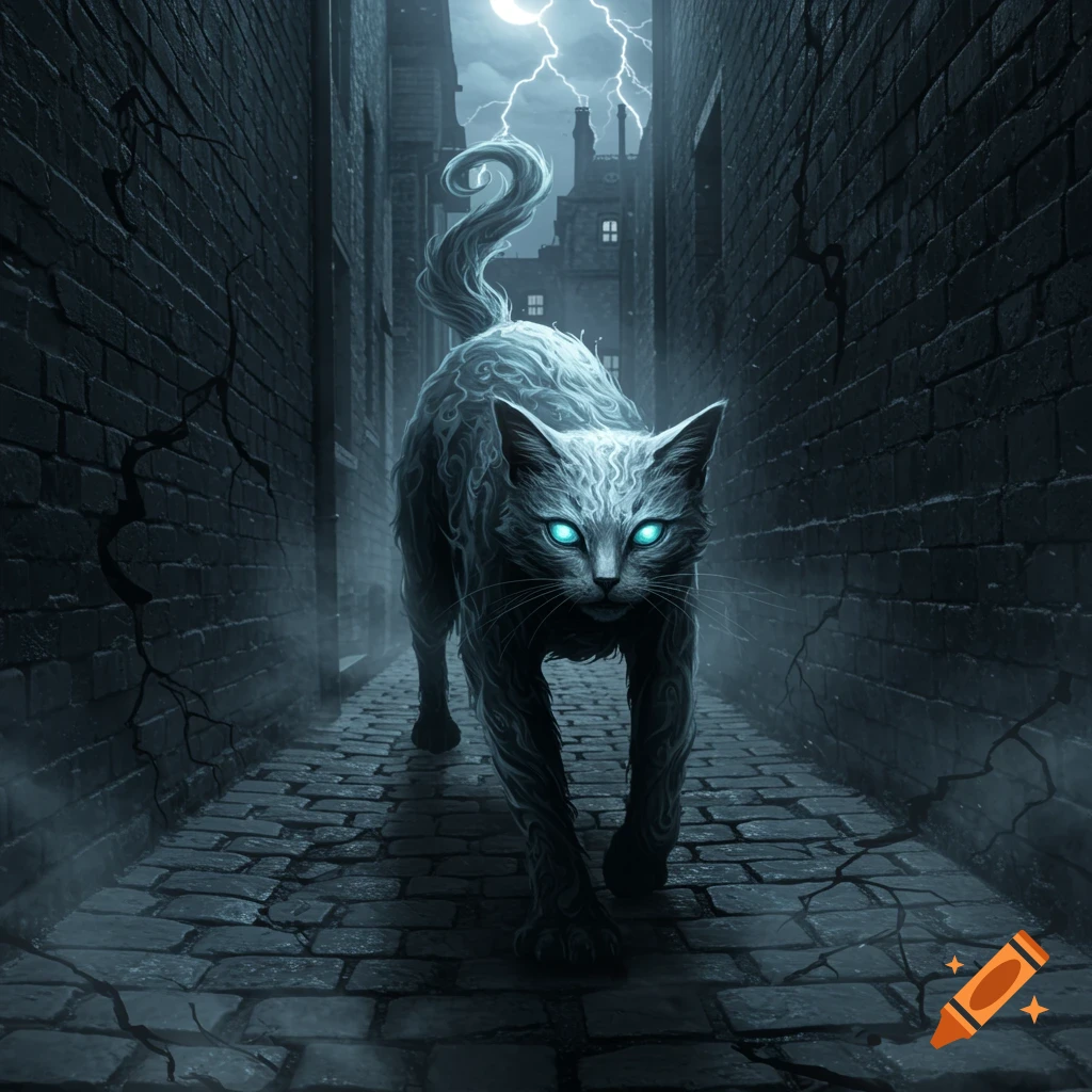 A stylized black cat with glowing blue eyes walks down a dark, misty cobblestone alley at night under a lightning-filled sky.