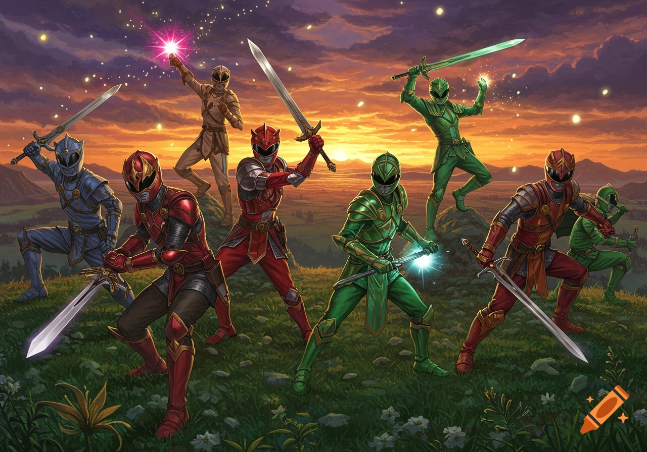 Anime-style fantasy illustration of a group of medieval Power Rangers posing with swords on a grassy hill at sunset.
