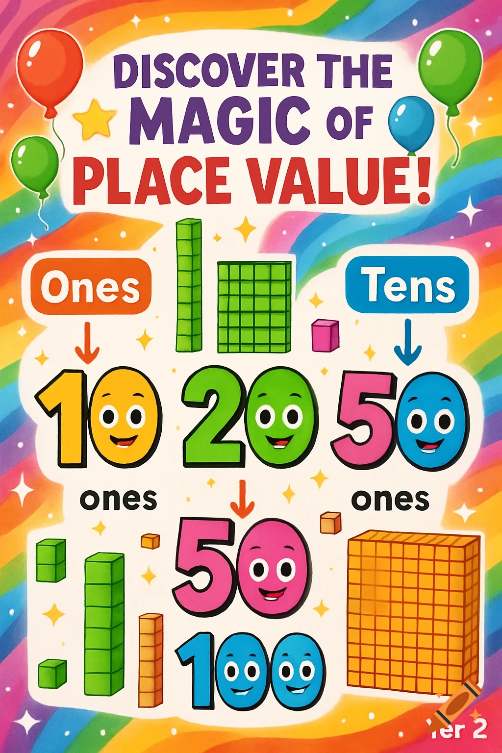 Vibrant educational poster for children, explaining place value with colorful numbers, smiling faces, and base-ten blocks on a rainbow background.