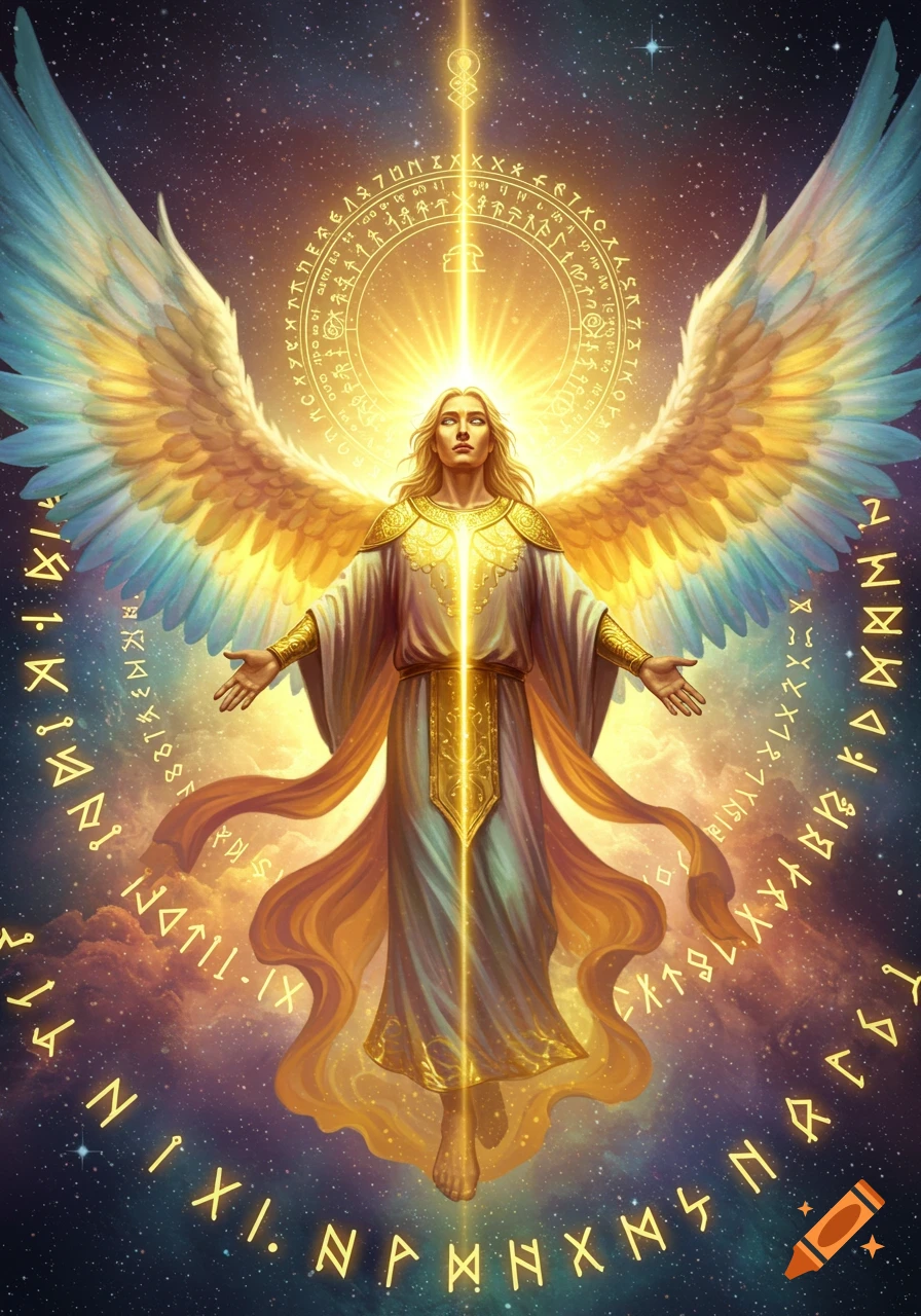 A radiant male angel with golden wings and robes, glowing in a cosmic setting surrounded by mystical symbols.