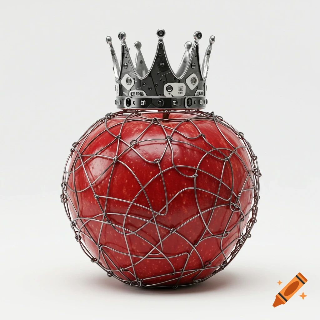 A red apple covered in a wire mesh, with a crown made of metallic electronic components sitting on top, against a white background.