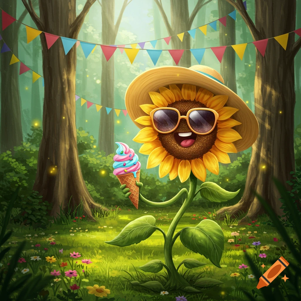 A cute cartoon sunflower wearing a hat and sunglasses, happily eating a colorful ice cream cone in a whimsical forest with party flags.