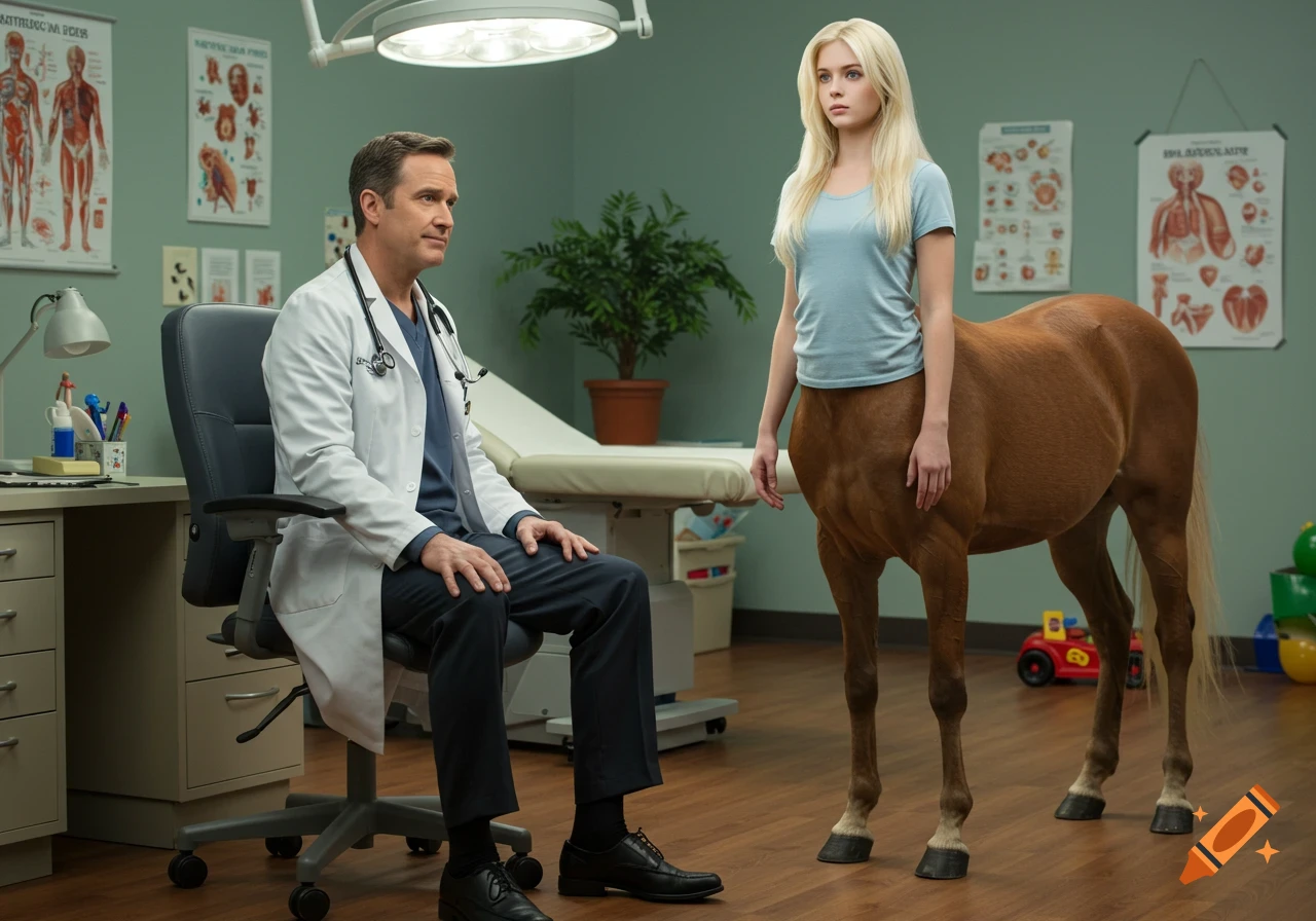 A male doctor in a white coat sits in his office, looking at a blonde centaur standing before him in a light blue t-shirt.
