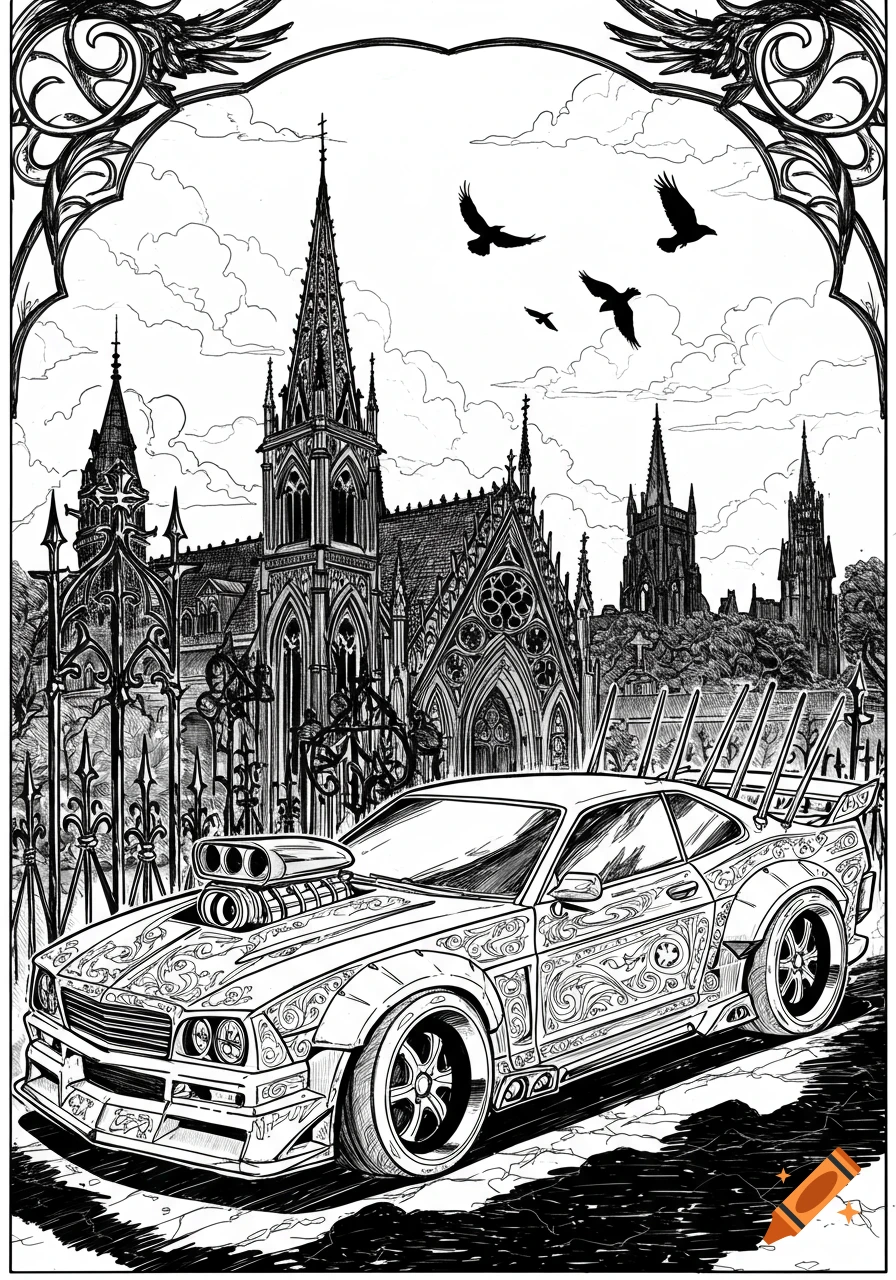 Black and white outline drawing of a customized car in front of gothic buildings, with ravens flying overhead.
