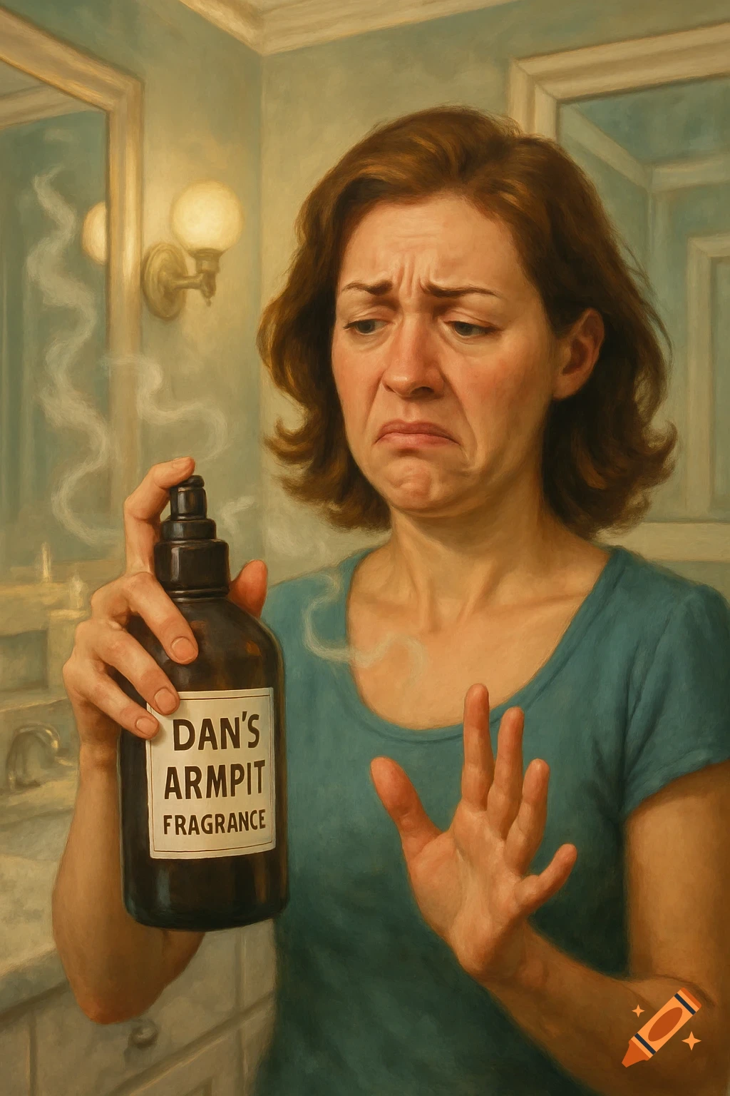 A painting of a woman with a disgusted expression holding a bottle labeled "DAN'S ARMPIT FRAGRANCE" in a bathroom.
