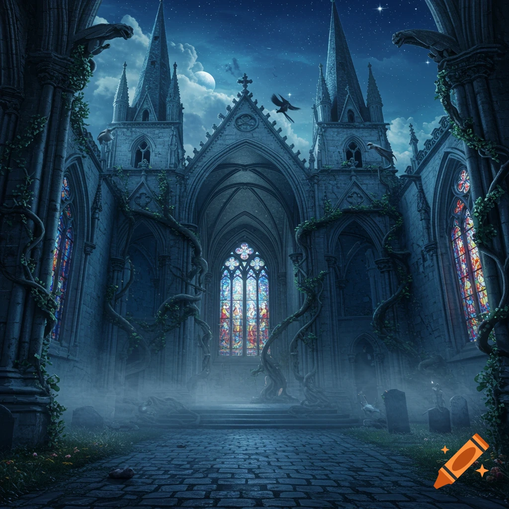 A dramatic gothic church ruin at night, overgrown with vines, under a starry sky with a full moon and mist.