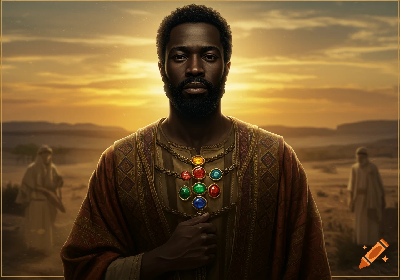A photorealistic portrait of a Black Hebrew man in traditional attire with a jewel-encrusted ephod, standing in a desert at sunset.