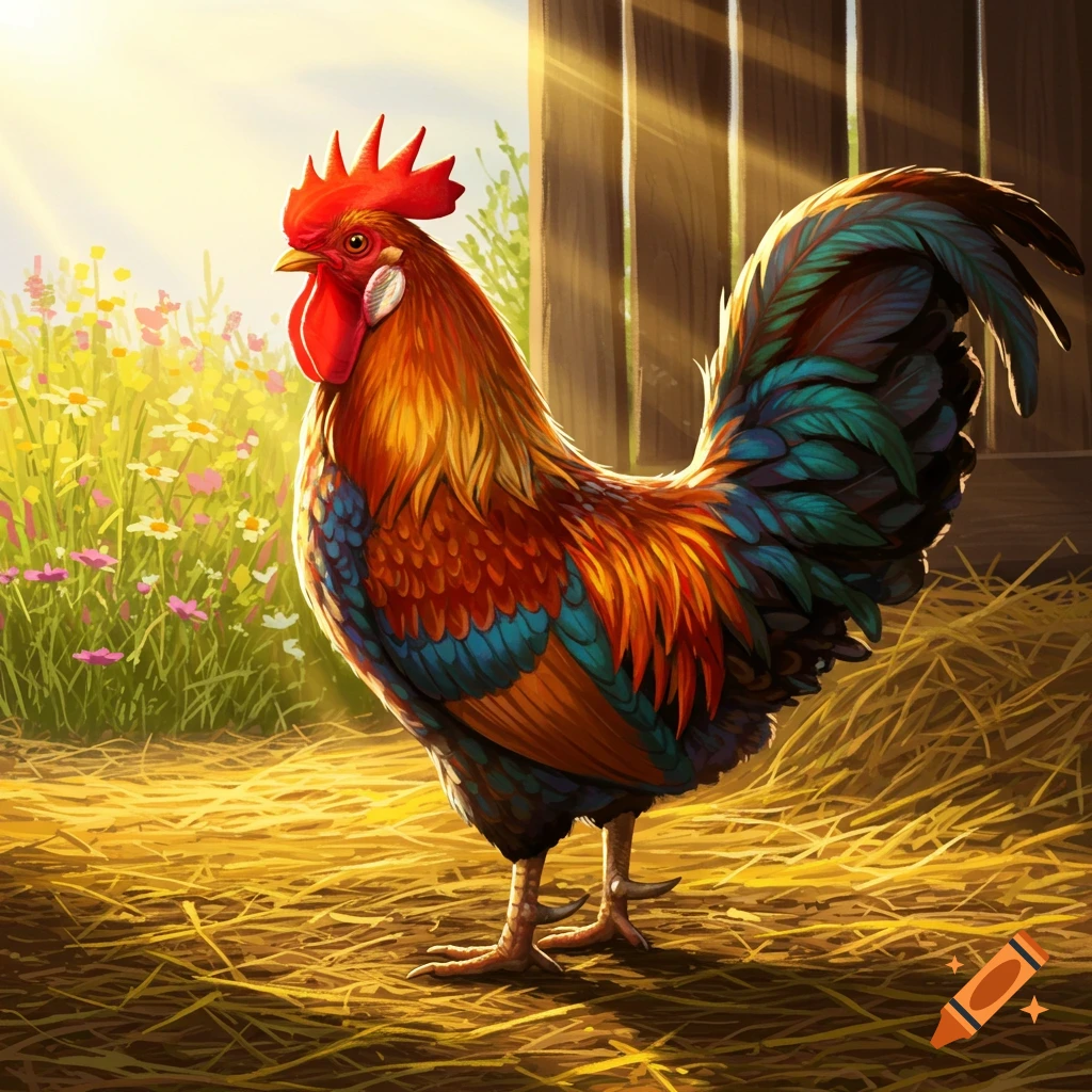 A colorful rooster stands in a sunlit barn, with hay on the ground and wildflowers in the background.