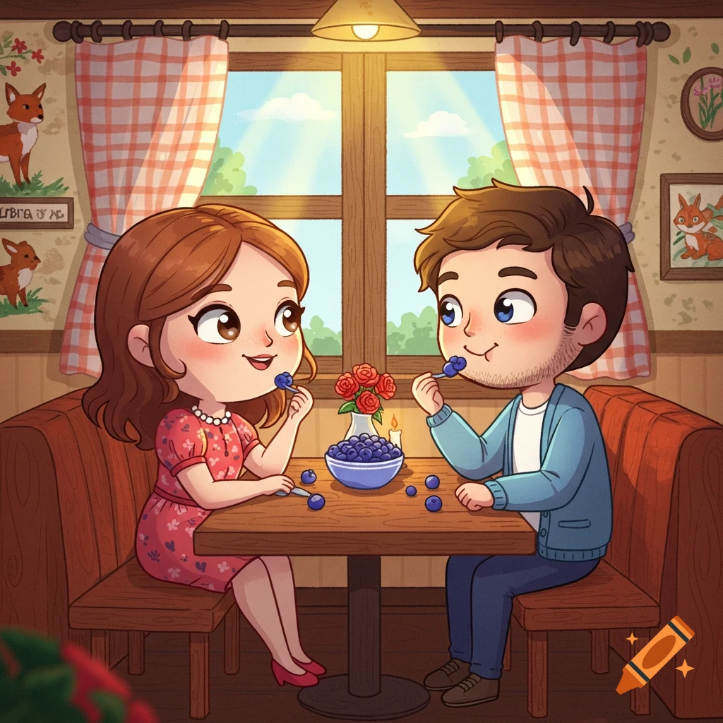 A cute cartoon couple shares blueberries at a table in a cozy restaurant.