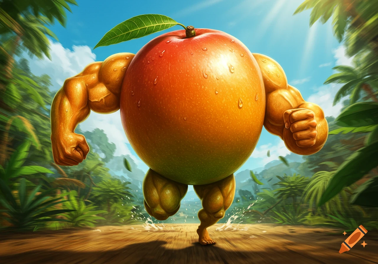 A photorealistic buff mango with strong muscles runs towards the viewer in a lush jungle setting.