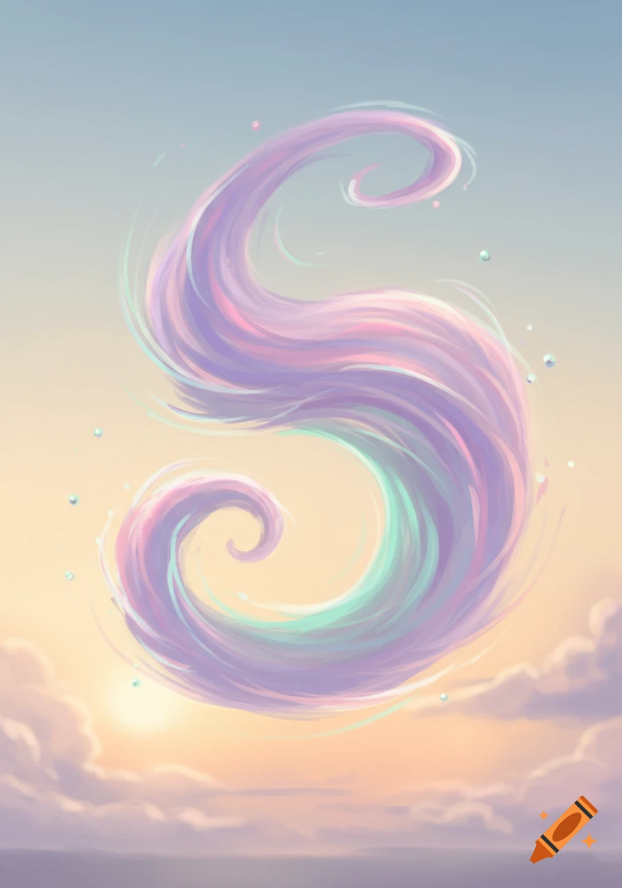 A swirling, pastel-colored abstract shape resembling the letter S floats in a soft, cloudy sky at sunset.