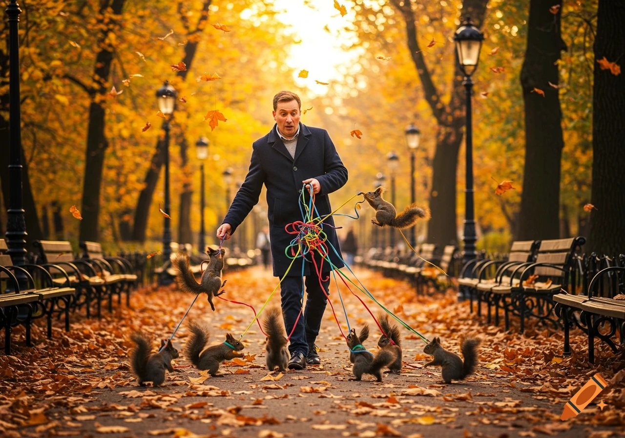 A man walks several squirrels on leashes in an autumn park with falling leaves, appearing surprised as they pull in various directions.