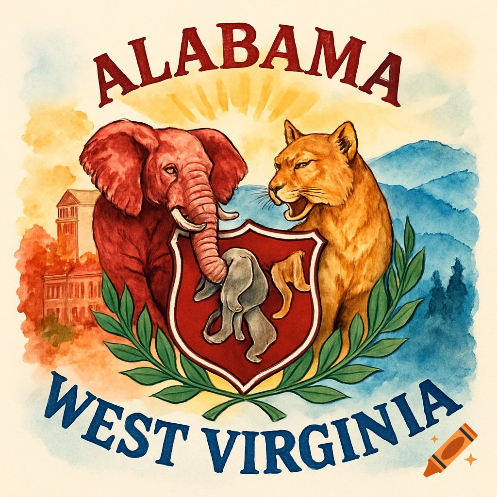 Watercolor illustration of a red elephant and a cougar with a shield, labeled 'ALABAMA' and 'WEST VIRGINIA', framed by green leaves, with buildings and mountains in the background.