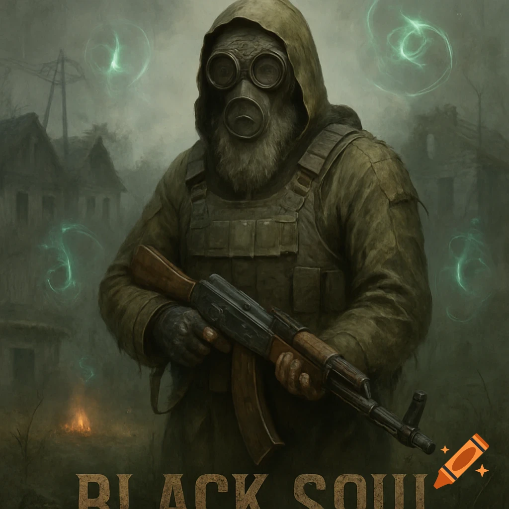 A bearded man in a gas mask and tactical gear holds a rifle in a foggy, ruined, post-apocalyptic landscape with glowing green anomalies. Text 'BLACK SOUL' at bottom.