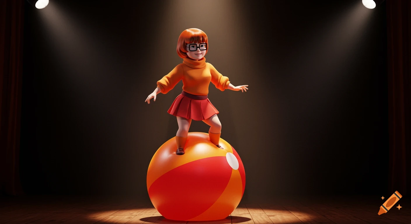 3D render of Velma Dinkley clumsily balancing on a red and orange beach ball on a stage under spotlights.