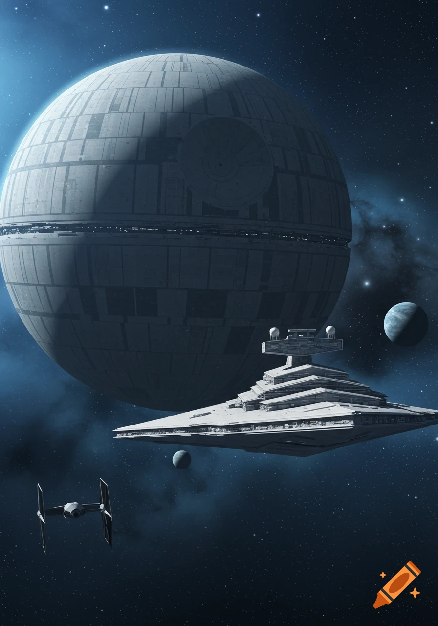 The Death Star looms in space with a Star Destroyer, a TIE fighter, and two planets, against a backdrop of stars and nebulae.