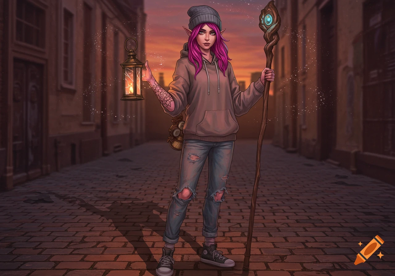 An elvish female warlock with pink hair in a beanie, hoodie, and ripped jeans, holding a glowing lantern and a staff on a cobblestone street at sunset, in an illustrated style.