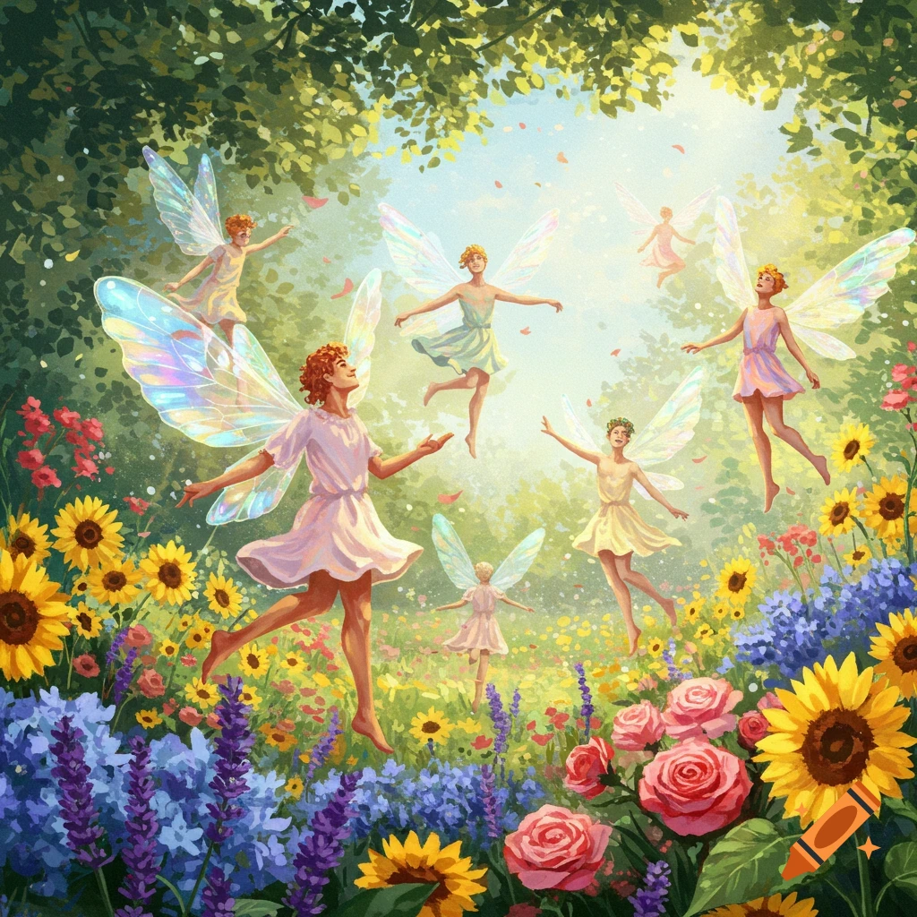Vibrant illustration of winged men (fairies) floating and dancing amidst a lush flower garden with sunflowers, lavender, and roses.