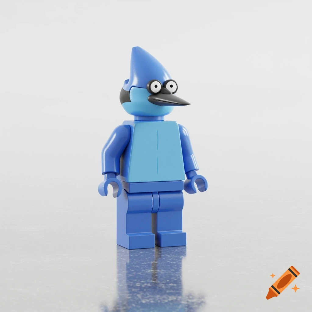 A 3D render of a Lego minifigure of Mordecai from Regular Show, standing on a reflective white surface with a white background.